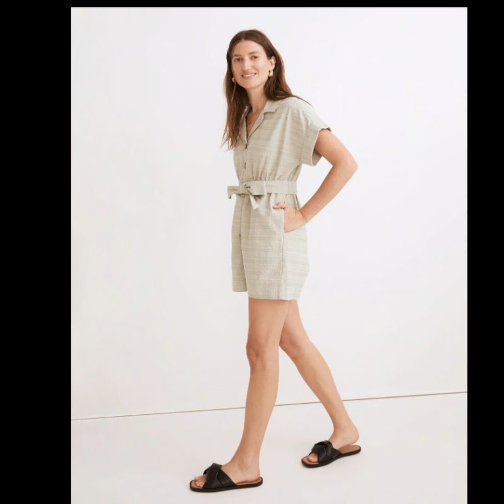 MADEWELL SEERSUCKET CAMP ROMPER JUMPSUIT ASHEN SAGE GREEN NWOT $125 XXS